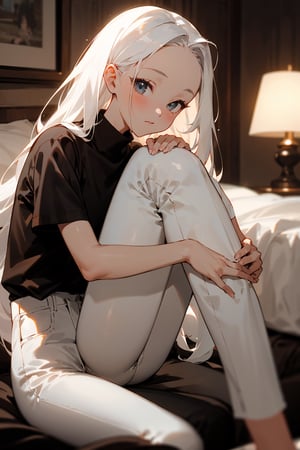 (masterpiece, best quality), 1girl with long white hair, forehead, sitting on a bed, bedroom, her hand on her knees, warm lighting, black shirt, short sleeves, turtleneck, skinny pants, white pants, blurry foreground, girl