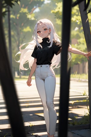 (masterpiece, best quality), 1girl with long white hair, forehead, standing on the floor, outdoors, grassfield, warm lighting, black shirt, short sleeves, turtleneck, skinny pants, white pants, blurry foreground, girl