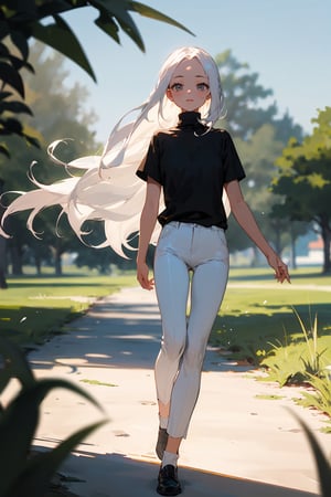 (masterpiece, best quality), 1girl with long white hair, forehead, black shirt, short sleeves, turtleneck, skinny pants, white pants, standing on the floor, outdoors, grassfield, warm lighting, blurry foreground, girl