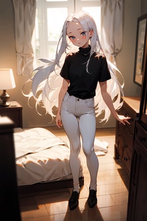 (masterpiece, best quality), 1girl with long white hair, forehead, standing on the floor, bedroom, her hand on her knees, warm lighting, black shirt, short sleeves, turtleneck, skinny pants, white pants, blurry foreground, girl