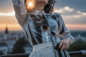 RAW photo, (highly detailed skin:1.2). 8k UHD, DSLR, soft lighting, Highly detailed. Film grain, Fujifilm XT3.,art_booster, 1girl, girl stands against the sky with her hand covering her face, in a blouse, rolled up sleeves, black curly hair, black pants, belt, длинный галстук