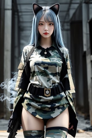 High-quality 3 female, 20 years old, light blue long hair, exquisite appearance, over 180cm tall, cat ears, wearing short-sleeved camouflage military uniform, military camp background, full body photo, JeeSoo, cyberpunk, Renaissance, vapingnation, chest cover, cover up crotch,holding sword,BOTTOM VIEW,xuer pistol