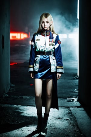High-quality female, 20 years old, long light blonde hair, ice blue eyes, wearing a military uniform, military camp background, full body photo,JeeSoo ,Cyberpunk,renaissance