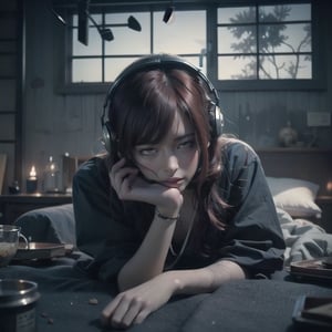 girl, red hair, laying in bed, eyes rolled back, detailed, masterpiece, 4k, dark, aheago, full body in view, scars on face, scarred, night, scarred, scratches, bruises, dirty clothes, looking up at camera, overhead shot, goth, grunge, dark room, listening to music, drugs beside her, headphones, laying in bed, dirty room,
