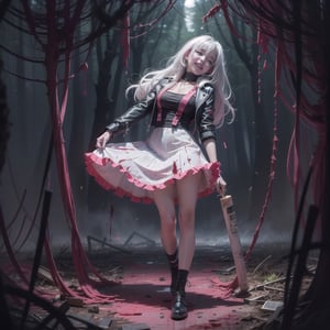 girl with white hair dancing, in a dark forest, eyes rolled back, mouth open, grunge, gothic, fantastical, dirty room, smiling, full body in frame, dim lighting, blood, ripped clothes, neon background,
