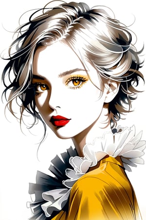 pencil Sketch of a beautiful girl  18 years, with silver short hair, messy hair, red lipstic, full lips, alluring, portrait by Charles Miano, pastel drawing, illustrative art, soft lighting, detailed, more Flowing rhythm, elegant, low contrast, add soft blur with thin line,  yellow clothes.,DonMW15pXL,BugCraft