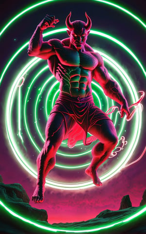 a [pink and red] male [demon] silhouette stood in a [green and white] magic circle, sketch in a nightscape, in the style of tenebrism mastery, bold outline, unreal engine 5, double lines, energy-charged, luminous pointillism, made of wiree