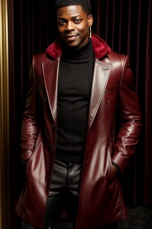 score_7_up,  Realistic full photo,
An elegant black man,18  years old,  Chris Tucker,  he has a delicate face, happy, smiling, skinny,  his favorite color is red, he always wears a delicate red coat,  earrings, makeup, lipstick,  accessories, shiny shoes, women's red light coat with gold details, the pants are dark and tight.
Nigerian,photorealistic