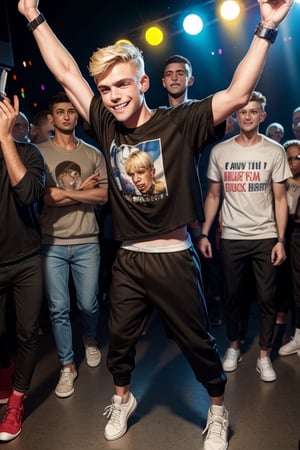 score_7_up,  Realistic photo,
full body , man, 19 years old, blond, (hair:0.2), Shaved, (Beard:0.0),(safe t-shirt:1.2), skinny,  wear a Sweatshirt, sweatpants,  sneakers, wristwatch, He dancing with hands up,int he party,In the middle of the crowd,  he is happy, smiling, very happy face, dancing in a nightclub, cute blond boy, 