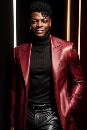 score_7_up,  Realistic full photo,
An elegant black man,18  years old,  Chris Tucker,  he has a delicate face, happy, smiling, skinny,  his favorite color is red, he always wears a delicate red coat,  earrings, makeup, lipstick,  accessories, shiny shoes, women's red light coat with gold details, the pants are dark and tight.
photorealistic