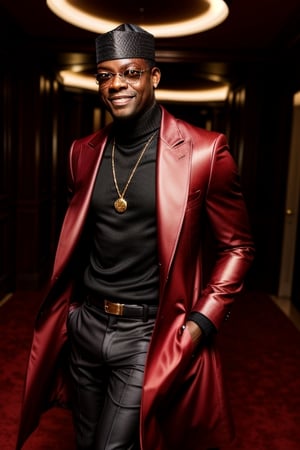 score_7_up,  Realistic full photo,
An elegant black man,18  years old,  Chris Tucker,  he has a delicate face, happy, smiling, skinny,  his favorite color is red, he always wears a delicate red coat,  earrings, makeup, lipstick,  accessories, shiny shoes, women's red light coat with gold details, the pants are dark and tight.
Nigerian,photorealistic