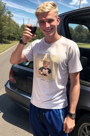 score_7_up,  Realistic photo,
full body , man, 19 years old, blond, (hair:0.2), Shaved, (Beard:0.0),(safe t-shirt:1.2), skinny,  wear a Sweatshirt, sweatpants,  sneakers, wristwatch, He drinks bear in a glass, he is happy, smiling, very happy face, in front of a very old, falling apart car, cute blond boy, 