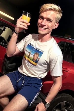 score_7_up,  Realistic photo,
full body , man, 19 years old, blond, (hair:0.2), Shaved, (Beard:0.0),(safe t-shirt:1.2), skinny,  wear a Sweatshirt, sweatpants,  sneakers, wristwatch, He drinks bear in a glass, he is happy, smiling, very happy face, dancing with girls, hans up, falling apart car, cute blond boy, 