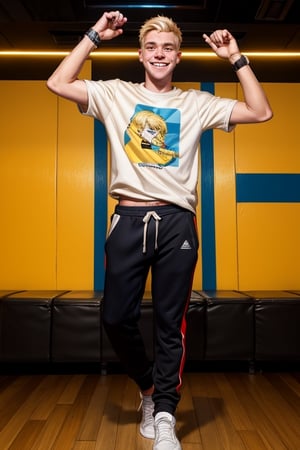 score_7_up,  Realistic photo,
full body , man, 19 years old, blond, (hair:0.2), Shaved, (Beard:0.0),(safe t-shirt:1.2), skinny,  wear a Sweatshirt, sweatpants,  sneakers, wristwatch, He dancing with hands up, he is happy, smiling, very happy face, dancing in a nightclub, cute blond boy, 