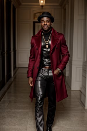 score_7_up,  Realistic full photo,
An elegant black man,18  years old,  Chris Tucker,  he has a delicate face, happy, smiling, skinny,  his favorite color is red, he always wears a delicate red coat,  earrings, makeup, lipstick,  accessories, shiny shoes, a hat and a women's red coat with gold details, the pants are dark and tight.
Nigerian,photorealistic