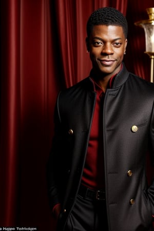 score_7_up,  Realistic full photo,
An elegant black man,18  years old,  Chris Tucker,  he has a delicate face, happy, smiling, skinny,  his favorite color is red, he always wears a delicate red coat,  earrings, makeup, lipstick,  accessories, shiny shoes, women's red light coat with gold details, the pants are dark and tight.
photorealistic