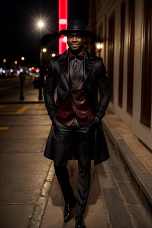 score_7_up,  Realistic full photo,
An elegant black man,18  years old,  Chris Tucker,  he has a delicate face, happy, smiling, skinny,  his favorite color is red, he always wears a delicate red coat,  earrings, makeup, lipstick,  accessories, shiny shoes, a hat and a women's red light coat with gold details, the pants are dark and tight.
Nigerian,photorealistic