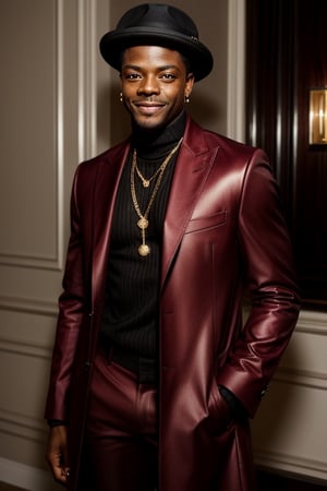 score_7_up,  Realistic full photo,
An elegant black man,18  years old,  Chris Tucker,  he has a delicate face, happy, smiling, skinny,  his favorite color is red, he always wears a delicate red coat,  earrings, makeup, lipstick,  accessories, shiny shoes, a hat and a women's red coat with gold details, the pants are dark and tight.
Nigerian,photorealistic