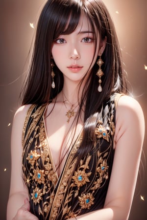 1girl, solo, long hair, looking at viewer, simple background, black hair, jewelry, upper body, earrings, necklace, black eyes, lips, pale skin, realistic