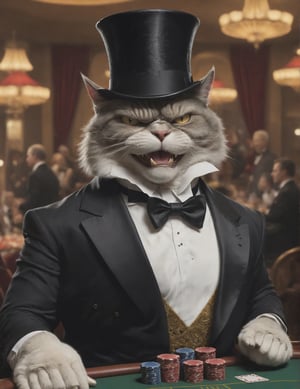 Cartoonish rendition of an Anthropomorphic deranged very muscular angry Cat in a tuxedo wearing a top hat, playing poker at at glamorous casino