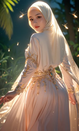 Imagine a serene moonlit night in a dense Malay jungle where a girl in hijab muslim dress by mystical fireflies. beautifull face, long dress, long sleeve dress, Capture the elegance and grace of her movements as the fireflies create a magical aura around her, 35mm lens, (looking at viewer: 1.2), pastel color grading, depth of field cinematography effect, film noir genre, 8k resolution, high quality, ultra detail,realistic hands