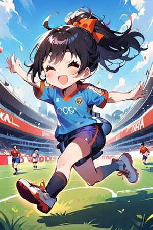 1girl, smile, open mouth, shirt, black hair, ponytail, outdoors, shoes, shorts, solo focus, day, socks, kneehighs, grass, outstretched arms, sneakers, ball, blue shorts, running, sportswear, soccer uniform, soccer ball, soccer. >:(,ULTIMATE LOGO MAKER [XL]