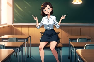 the teacher, happy_face, full body, classroom environment, catoon,female, lectures. it laps on the table, the teacher should be in the frame