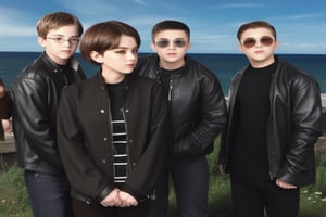 1girl, short hair, brown hair, jacket, outdoors, multiple boys, day, parody, sunglasses, own hands together, 4boys, realistic, leather, leather jacket