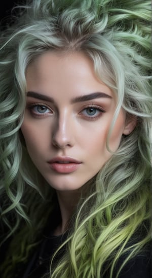 masterpiece, highly detailed image of a  girl with light gray eyes, Light green long frizzy hair, punk hairstyle, sweet and shy expression, little smile, cozy lighting, very dark background,  portrait, unusual composition, use of negative space, spectral, close-up, detailed eyes, detailed mouth,LegendDarkFantasy