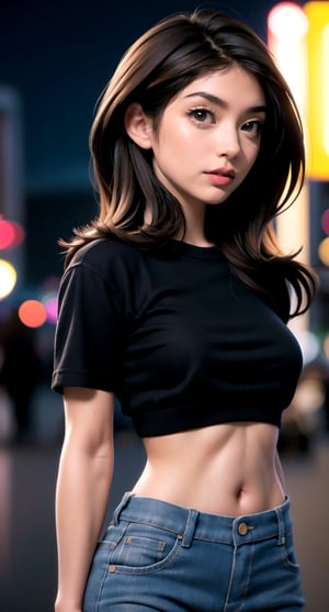 (hyperealistic detailed face:1.2), (looking at viewer:1.2), centered, upper body, award winning frontal photography, masterpiece, | (beautiful detailed eyes:1.2), long hairstyle, (black hair color), (light brown eyes), (black top), midriff peak, navel, lowleg jeans, | sunset, bokeh, depth of field, | urban, street, City, | starry sky, vaporwave color scheme, (saturated colors:1.2), ,3DMM