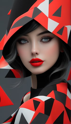 woman model with colorful eyes and red lip, in the style of minimalist backgrounds, dark black and red, #film, disney animation, low resolution, booru, red and gray, kawaii, daz3d, exotic realism, vibrant manga, close-up intensity,
