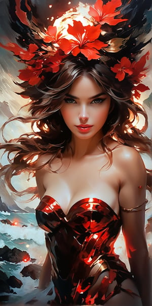 an image with a character on an island, in the style of kawacy, dark bronze and red, luminous brushwork, intense close-ups, ironical, womancore, traditional techniques