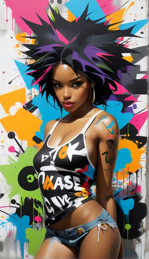 an attractive black woman adorned with wildstyle graffiti. The intricate and dynamic graffiti lettering covers all the surface, featuring bold tags, complex shapes, and bursts of contrasting colors all worded "Gratitude". The minimalist white backdrop enhances the focus on the graffiti-covered woman, creating a visually dynamic and thought-provoking composition. The clash of the woman with the energetic chaos of wildstyle graffiti symbolizes the intersection of political expression and contemporary urban culture in a clean and minimalist setting, kawaii, daz3d, exotic realism, vibrant manga, intensity,