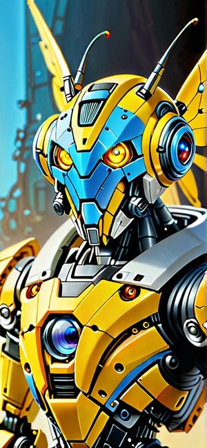 ROBOT, one_eye yellow, with antennae on the sides of the face(body_blue, flying, with a clamp per hand),