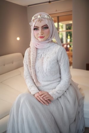 1girl, solo, white hijab, black eyes, beauty, looking at viewer, white wedding dress, sitting, indoors, on bed, realistic, (8K UHD:1.4), ,indonesian, hijab scarf, realistic