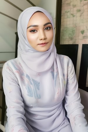 1girl, solo, white hijab, black eyes, beauty, looking at viewer, white wedding dress, sitting, indoors, on bed, realistic, (8K UHD:1.4), ,indonesian, hijab scarf