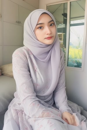 1girl, solo, white hijab, black eyes, beauty, looking at viewer, )white wedding dress:1.4), sitting, indoors, on bed, realistic, (8K UHD:1.4), indonesian, hijab scarf