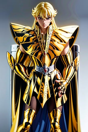 Tips: (Extremely detailed CG uniform 8k wallpaper, masterpiece, top quality, super detailed), male anime character wearing golden armor, 1boy, golden armor, male focus, handsome face, golden shawl long hair, armor, solo, virgin Seat armor, trend Artstation, Fantasy00d, mature