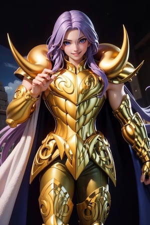 (Extremely detailed CG uniform 8k wallpaper, masterpiece, best quality, super detailed), male anime character wearing golden armor, 1boy, golden armor, male focus, handsome face, purple wavy shawl long hair, armor, solo, Aries Armor, Trending on Artstation, Fantasy00d, Saint