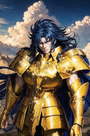 (Extremely detailed CG uniform 8k wallpaper, masterpiece, best quality, super detailed), a male anime character wearing golden armor, in a picture showing his outfit, 1boy, golden armor, male focus, handsome face , dark blue wavy hair, armor, solo, zoom layer, Gemini armor cloud, trending on Artstation, fantasy00d, Saga