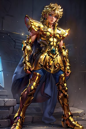 (Extremely detailed CG uniform 8k wallpaper, masterpiece, best quality, super detailed), male anime character wearing golden armor, 1boy, golden armor, male focus, handsome face, short blond wavy hair, armor, solo, full body, Standing, Leo Armor, Trend Artstation, Fantasy00d,AIDA_LoRA_Neytiri,mature