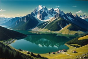 A painting of a mountain landscape, with a lake in the foreground, rendered in a realistic style