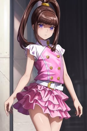 masterpiece, best quality, 1girl, purple eyes, high ponytail, brown hair, bangs, split ponytail, buttons, belt, frills, pink and white dress, skirt, boots
