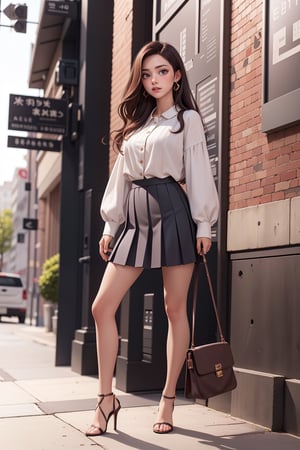 Woman,woman outfit,realistic clothes,realistic cloth fabric,wearing low heels,wearing pleated skirt,wearing long sleeve blouse,wear a bag,long hair,beautiful face,standing
