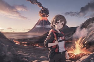 (masterpiece), best quality, HDR, 16k, Ultra realistic, highres, highly detailed, ultra_hd, high resolution, ultra_detailed, hyper realistic, extemely detailed background, detailed_background, complex_background, depth_of_field, extremely detailed and complex, volcanologist (lora:amberr1-000008:1) on volcano, 