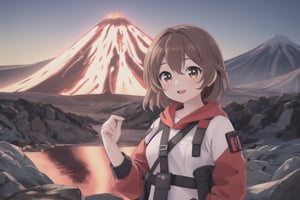 (masterpiece), best quality, HDR, 16k, Ultra realistic, highres, highly detailed, ultra_hd, high resolution, ultra_detailed, hyper realistic, extemely detailed background, detailed_background, complex_background, depth_of_field, extremely detailed and complex, volcanologist (lora:amberr1-000008:1) in volcano island, 