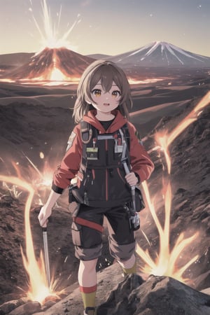 (masterpiece), best quality, HDR, 16k, Ultra realistic, highres, highly detailed, ultra_hd, high resolution, ultra_detailed, hyper realistic, extemely detailed background, detailed_background, complex_background, depth_of_field, extremely detailed and complex, volcanologist full body view of (lora:amberr1-000008:1) on volcano,