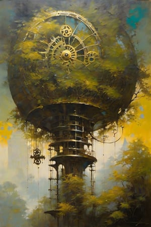 Imagine a forest where the trees are intricate clockwork mechanisms, their leaves crafted from shimmering metal and gears that turn with the wind.

fine art oil painting, in the style of Jeffrey Catherine Jones