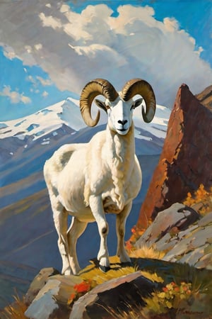 Imagine a rugged mountain, in the foreground is a dall sheep, Ovis dalli, standing, staring at the camera. In the background is mountains, The sky is blue with white clouds.

fine art oil painting, in the style of Winslow Homer