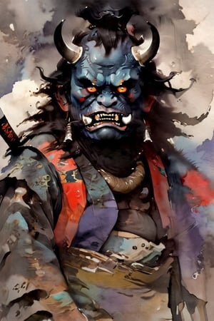 a japanese oni, deep in the mountains, cloudy sky,
fr4z3tt4 ,watercolor